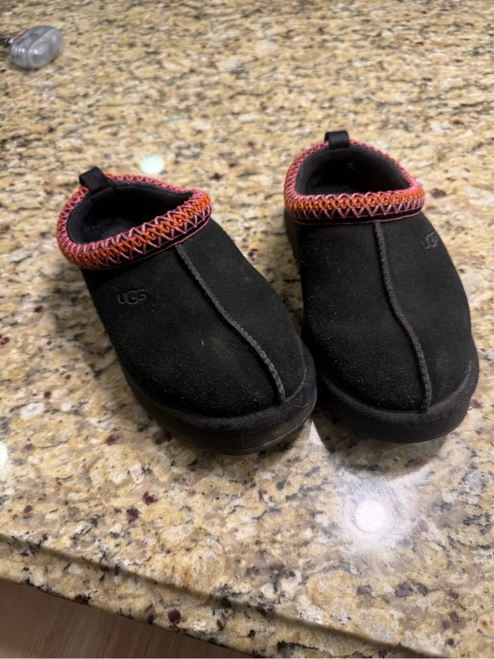 UGG Kids Black Suede Slip-On Clogs with Multicolor Pink-Orange Trim
